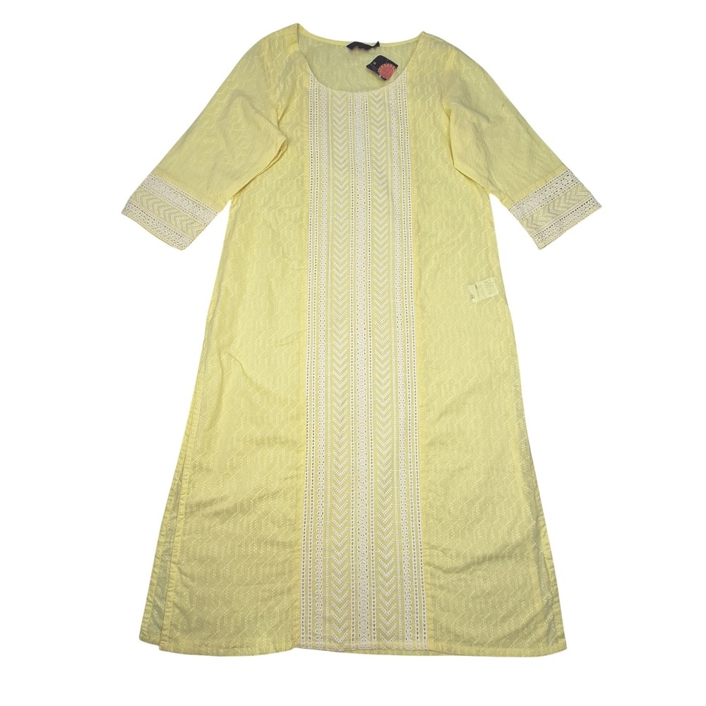 Srishti Schiffly Kurta Womens Large Yellow Lace Trim Tunic Ethnic Dress NEW